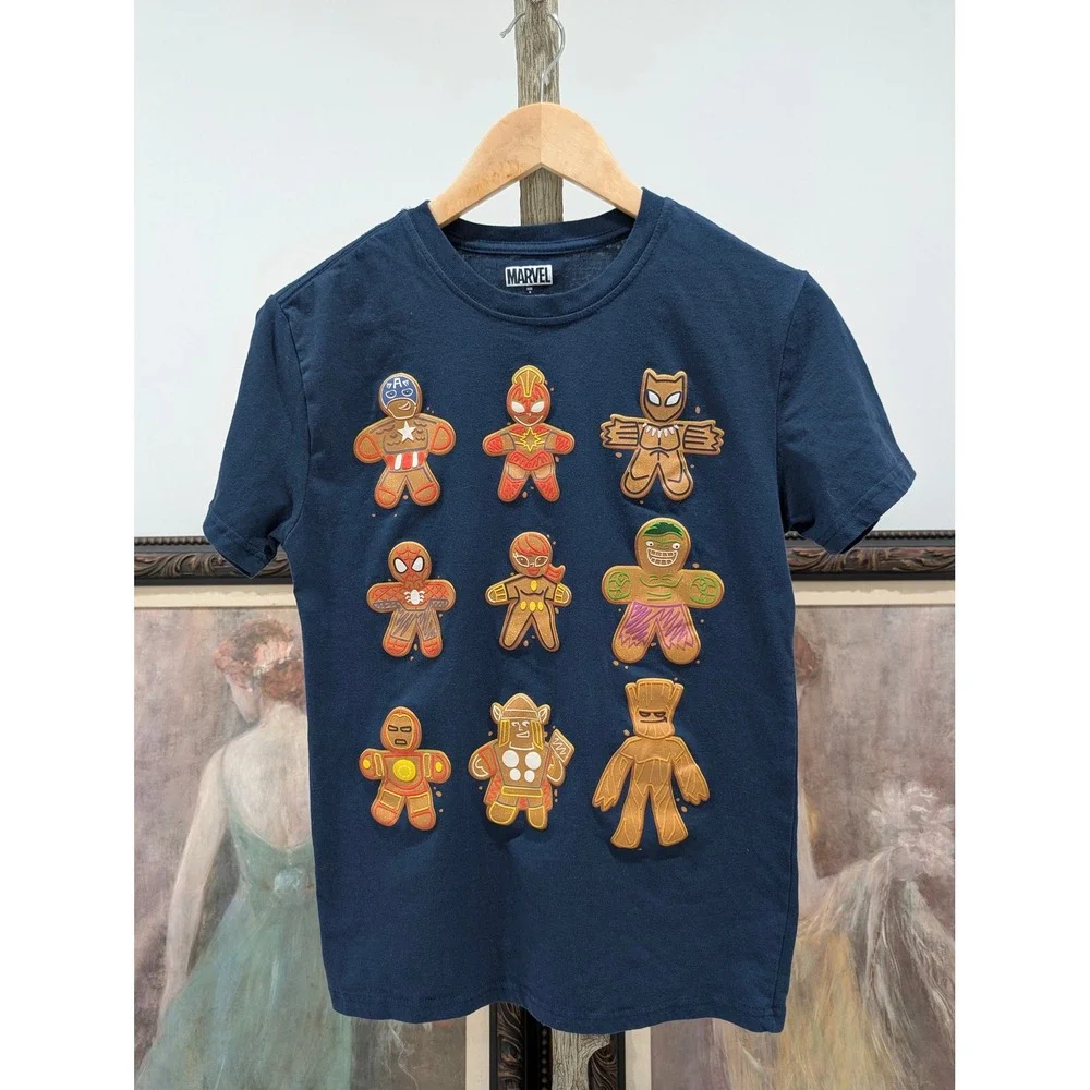 Marvel Gingerbread Men Heroes‎ Graphic T Shirt Navy Blue Size S
